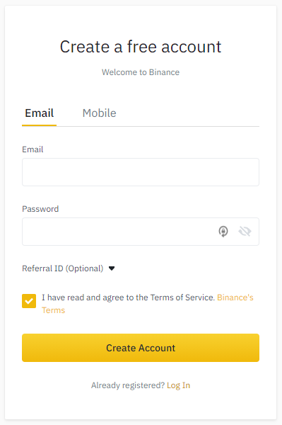 Registration form on Binance