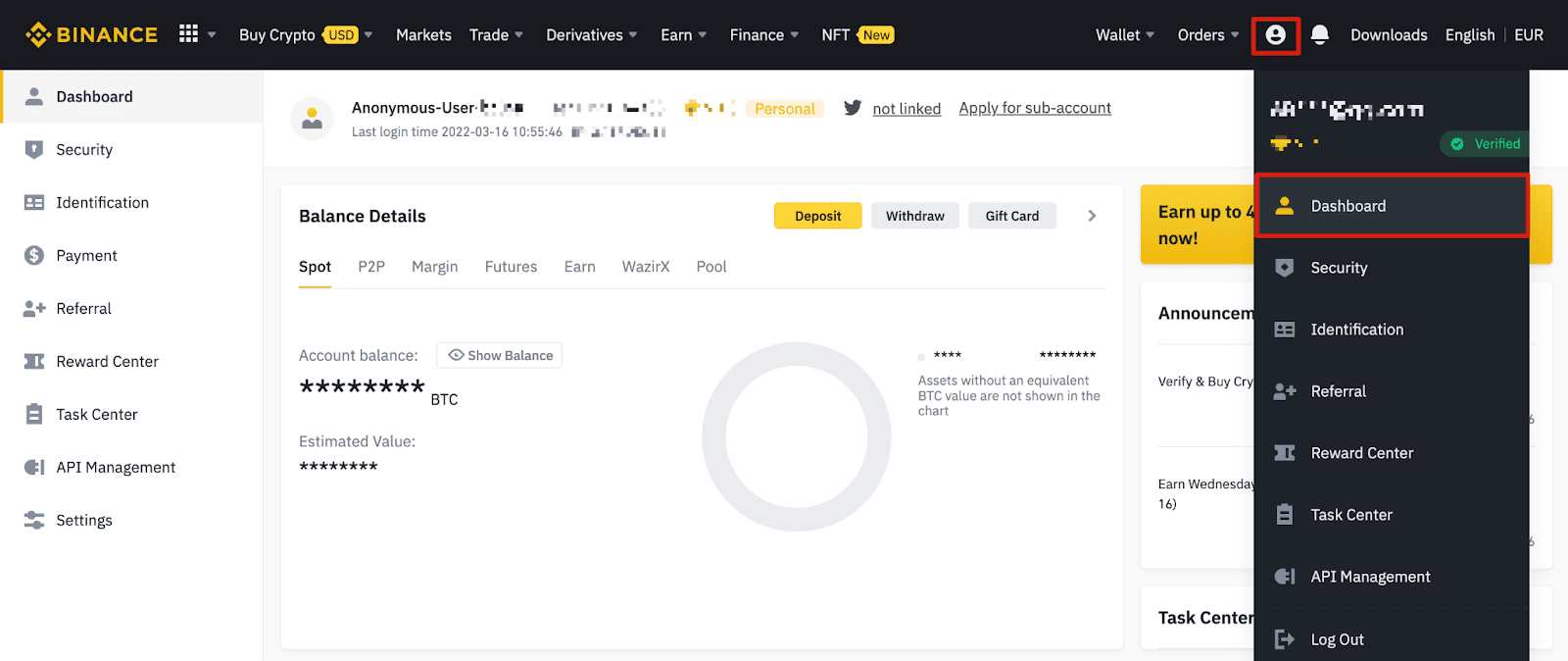 Reserve fees Binance Dashboard